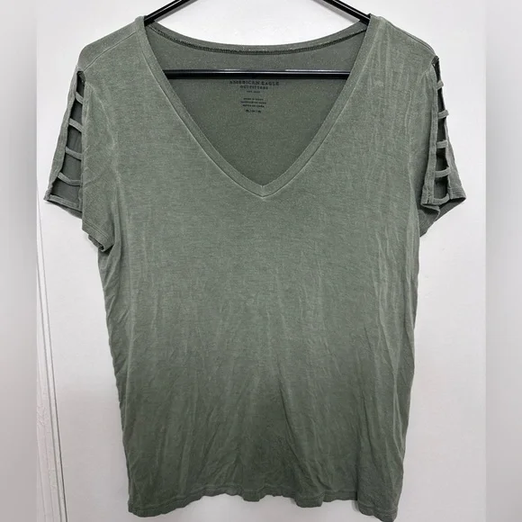 American Eagle Women’s Olive Green V-Neck Short Sleeve Top - Picture 1 of 3
